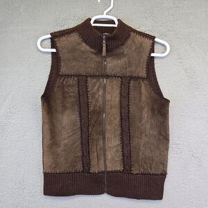 Designers Studio Original Leather Vest Womens Medium Brown Knit Lined Full Zip